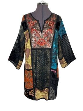 Soft Surroundings Multi Patchwork Boho Velvet Sequins Embroidery Tunic Dress LP